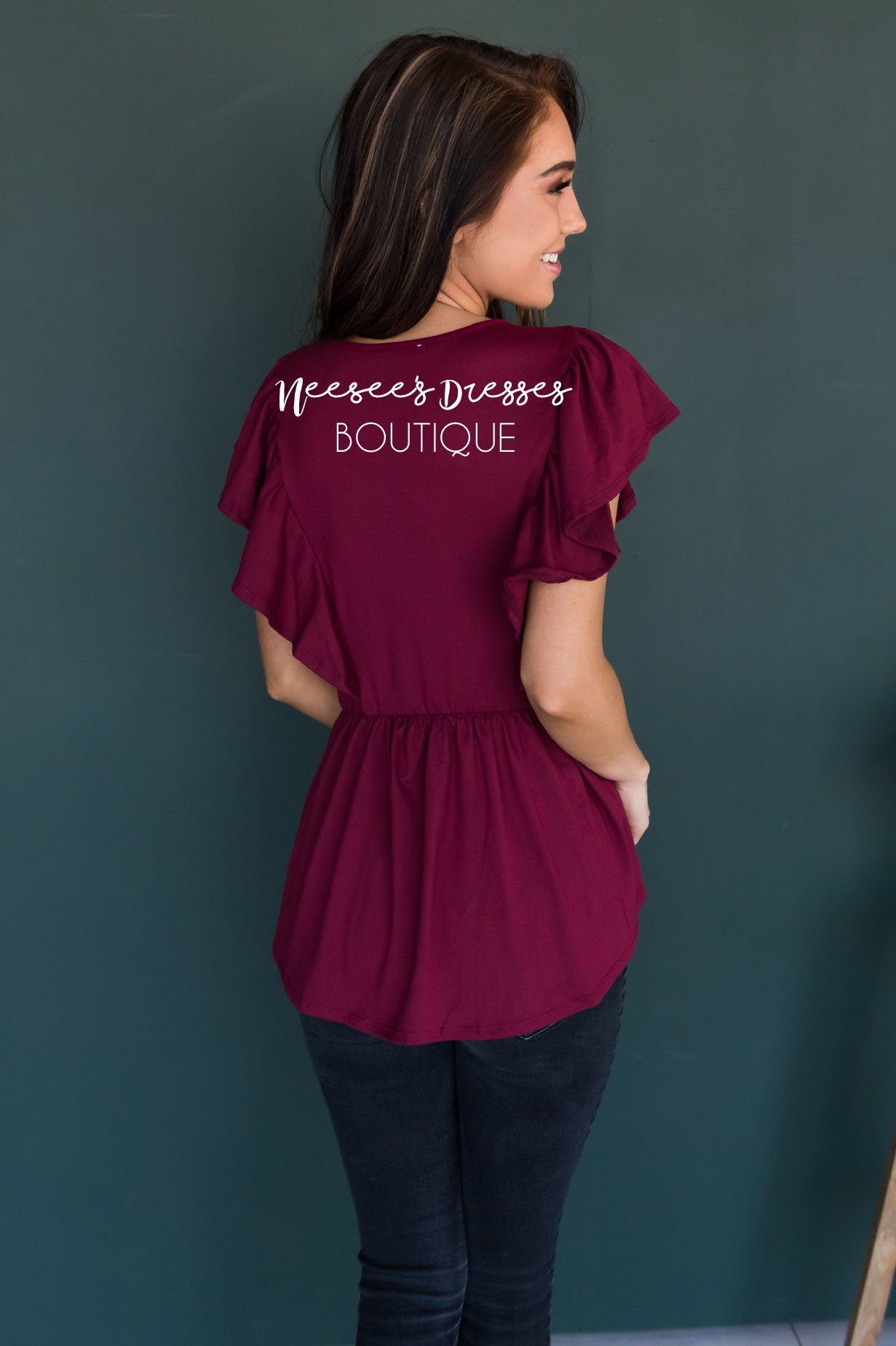 Carefree Modest Ruffle Peplum Blouse Tops vendor-unknown 