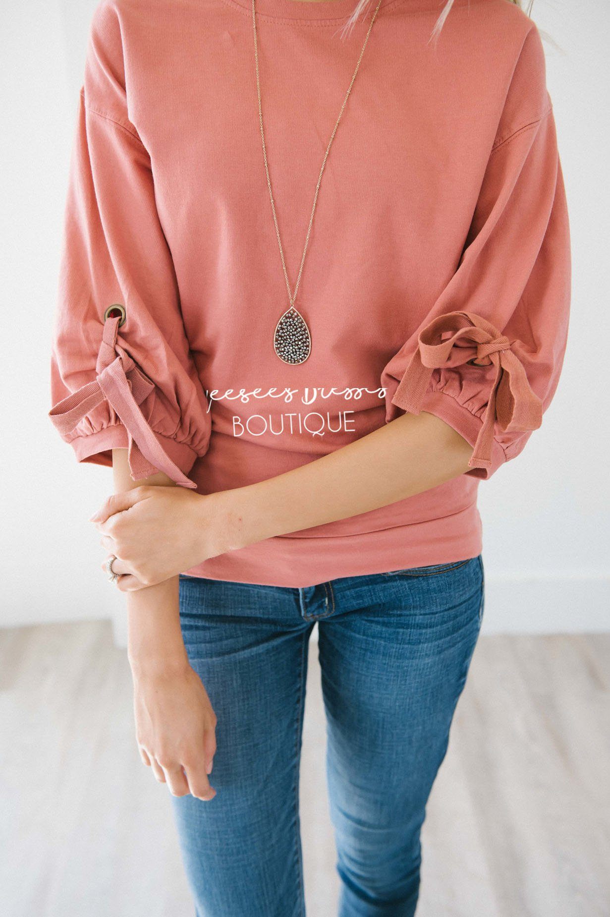 Gathered Tie Sleeve Sweatshirt Tops vendor-unknown 