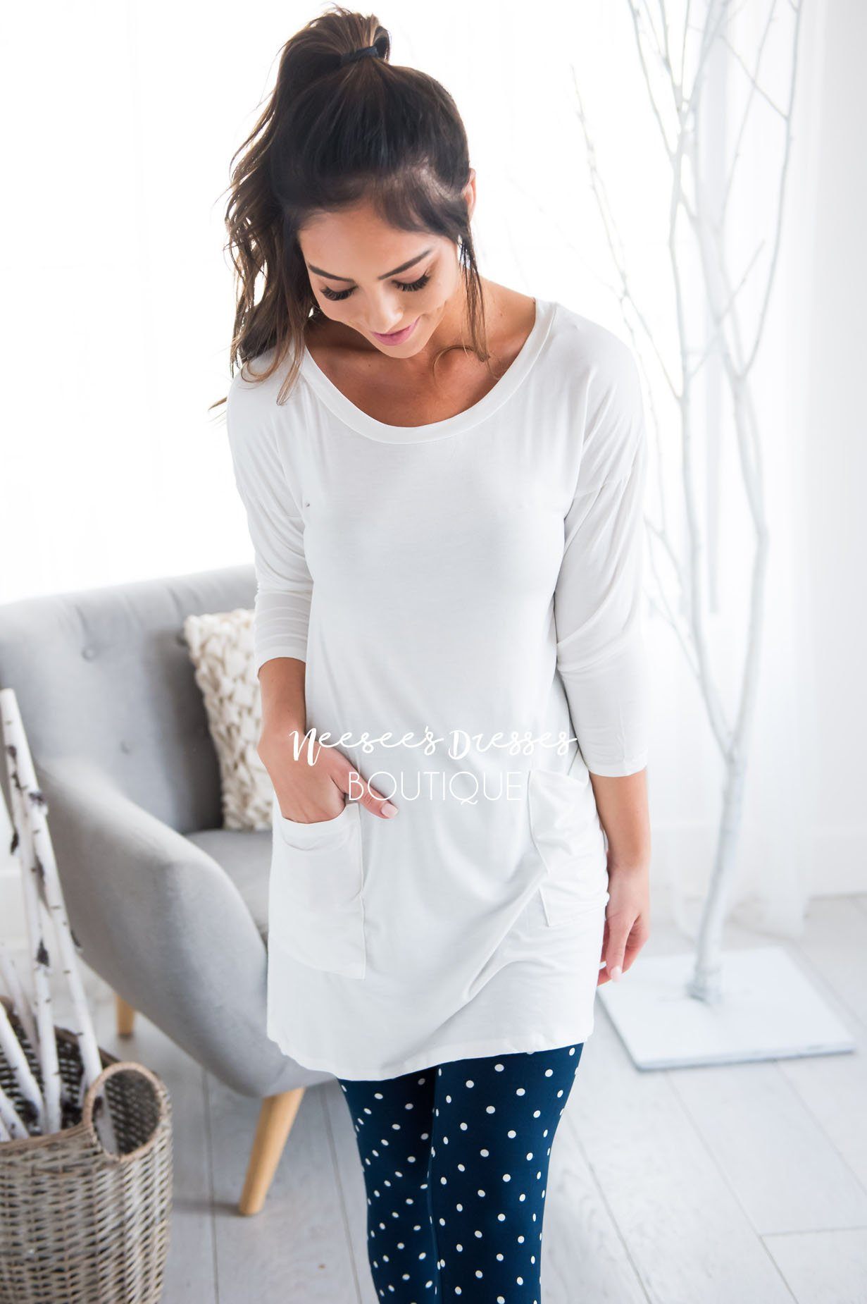 Button Back Pocket Tunic Modest Dresses vendor-unknown 