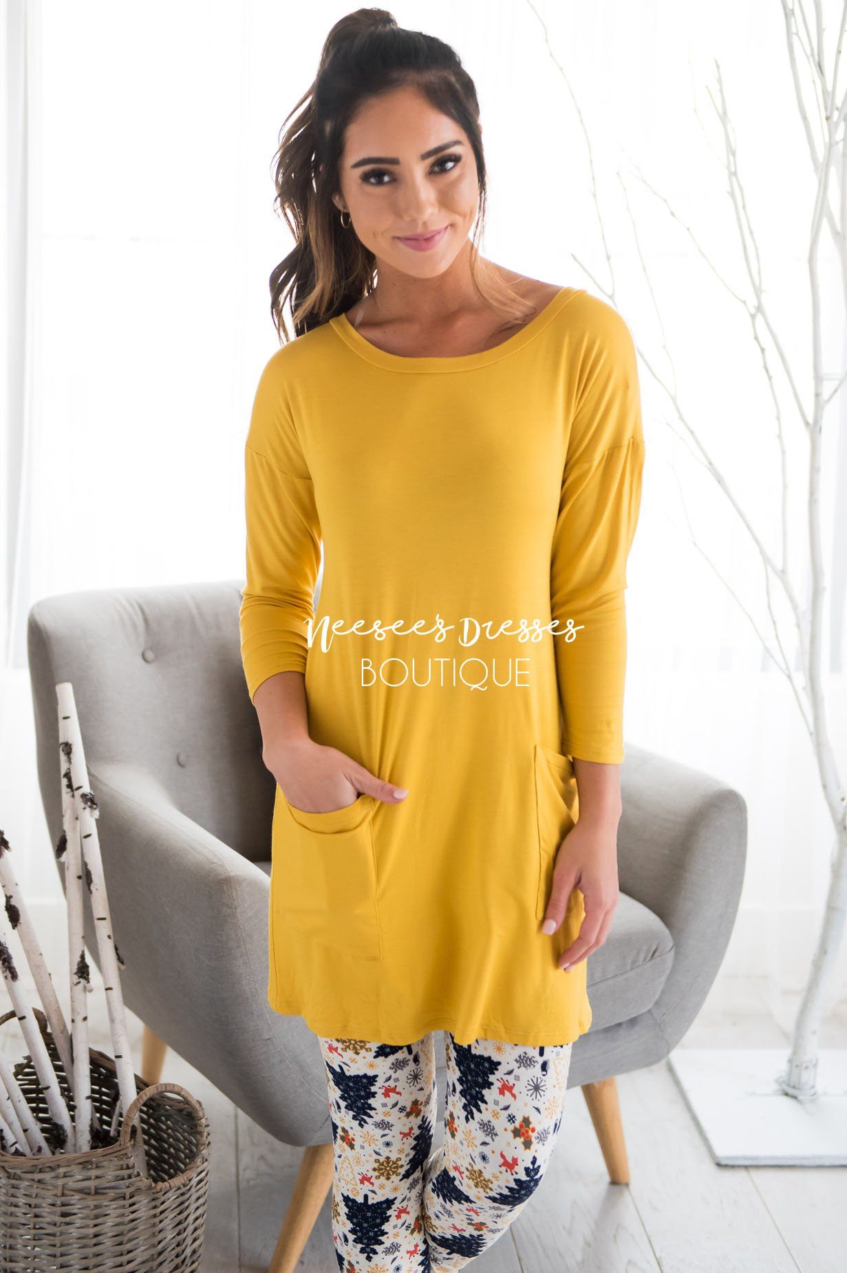 Button Back Pocket Tunic Modest Dresses vendor-unknown 