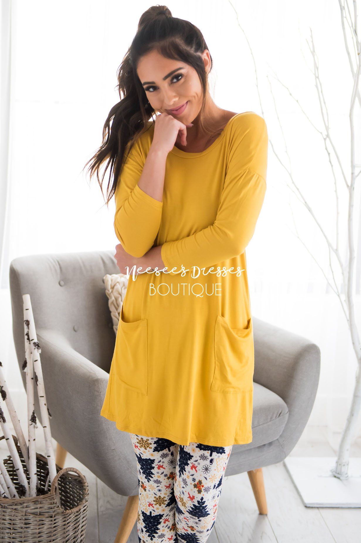 Button Back Pocket Tunic Modest Dresses vendor-unknown 