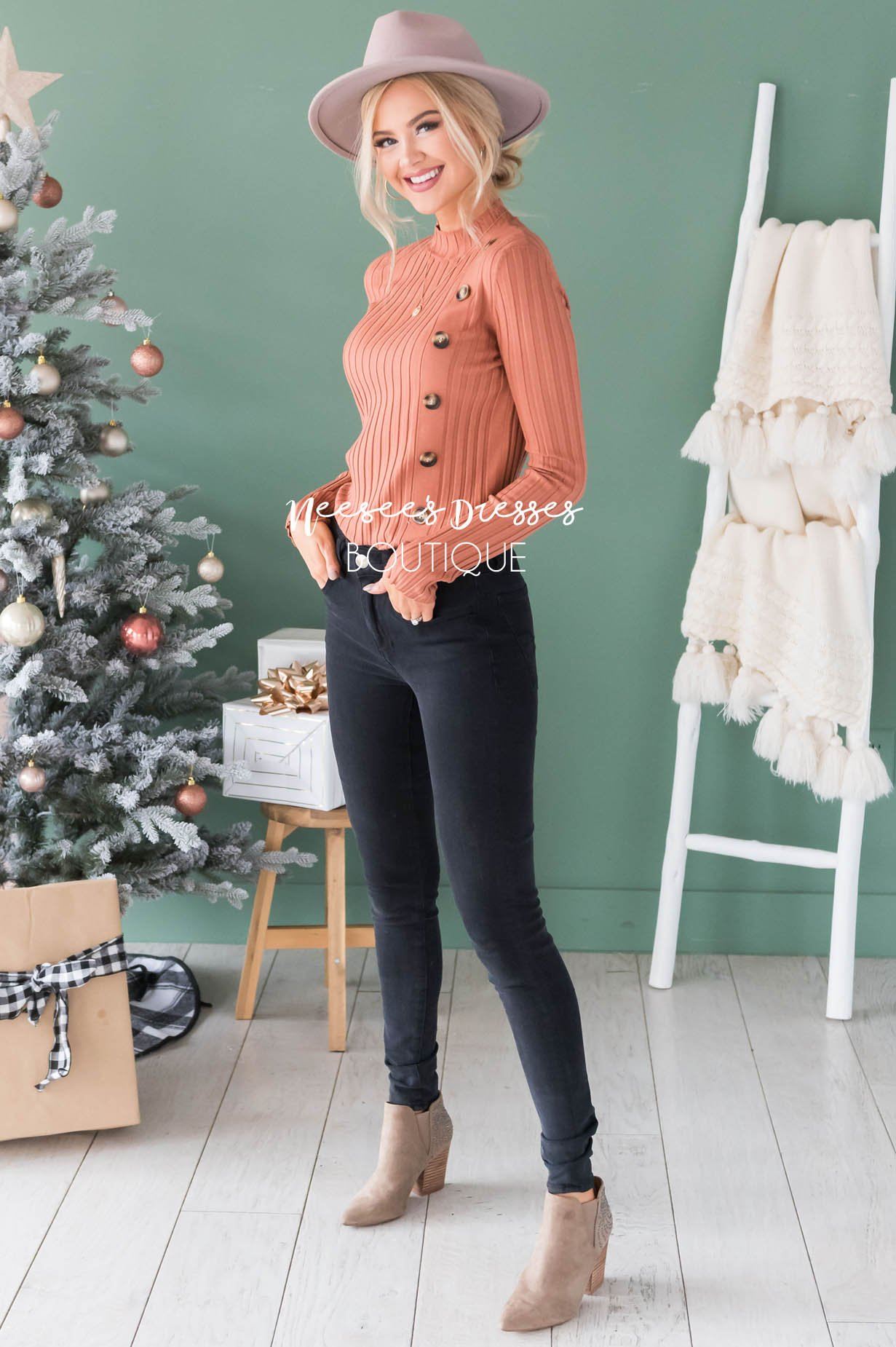 Button Up Ribbed Sweater Modest Dresses vendor-unknown 