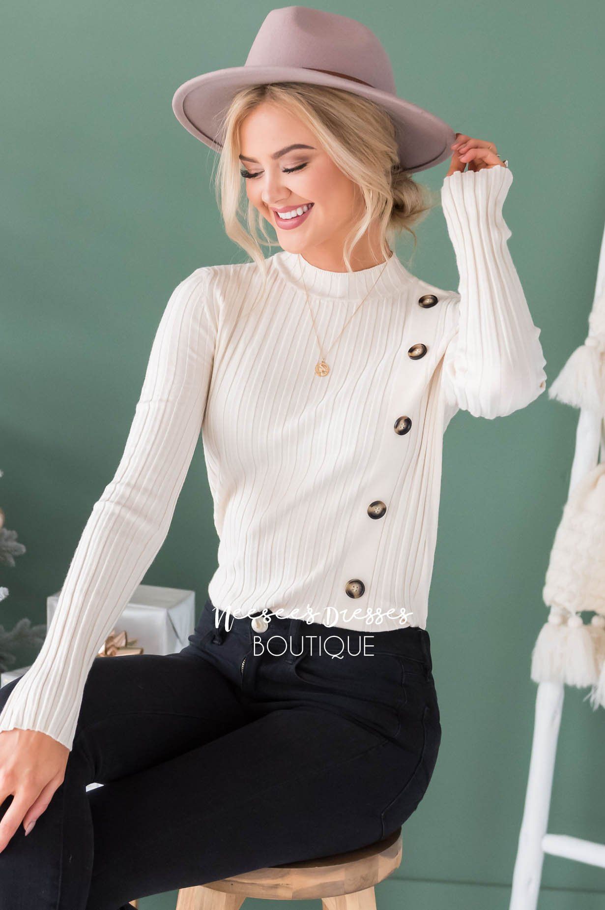 Button Up Ribbed Sweater Modest Dresses vendor-unknown 