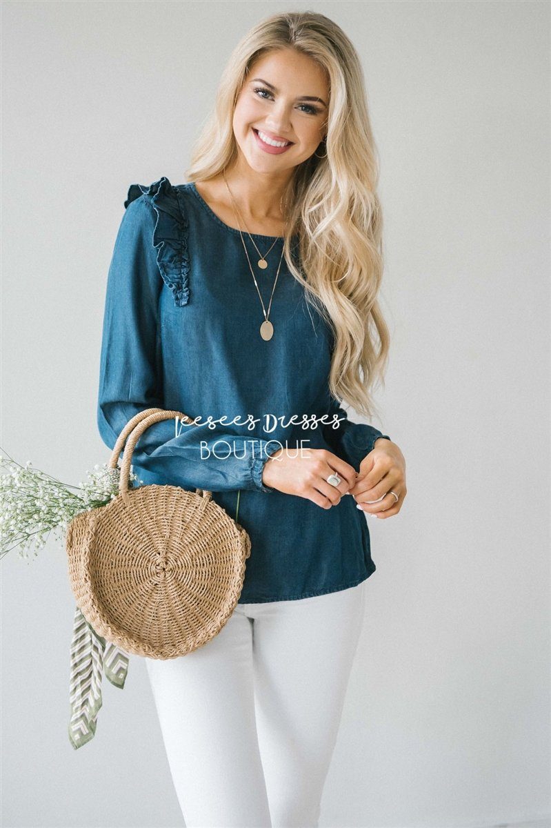 Ruffle Shoulder Long Sleeve Chambray Top Tops vendor-unknown 