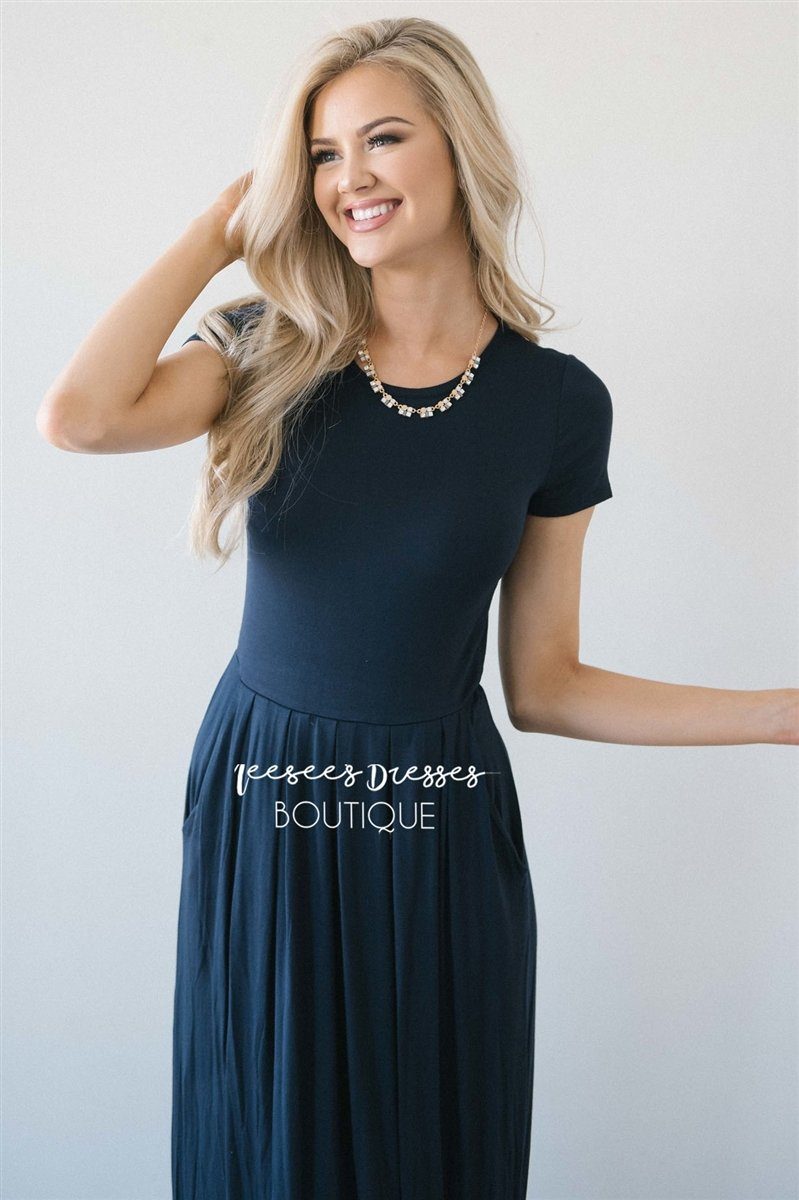 Short Sleeve Pleated Maxi Dress Modest Dresses vendor-unknown S Navy 