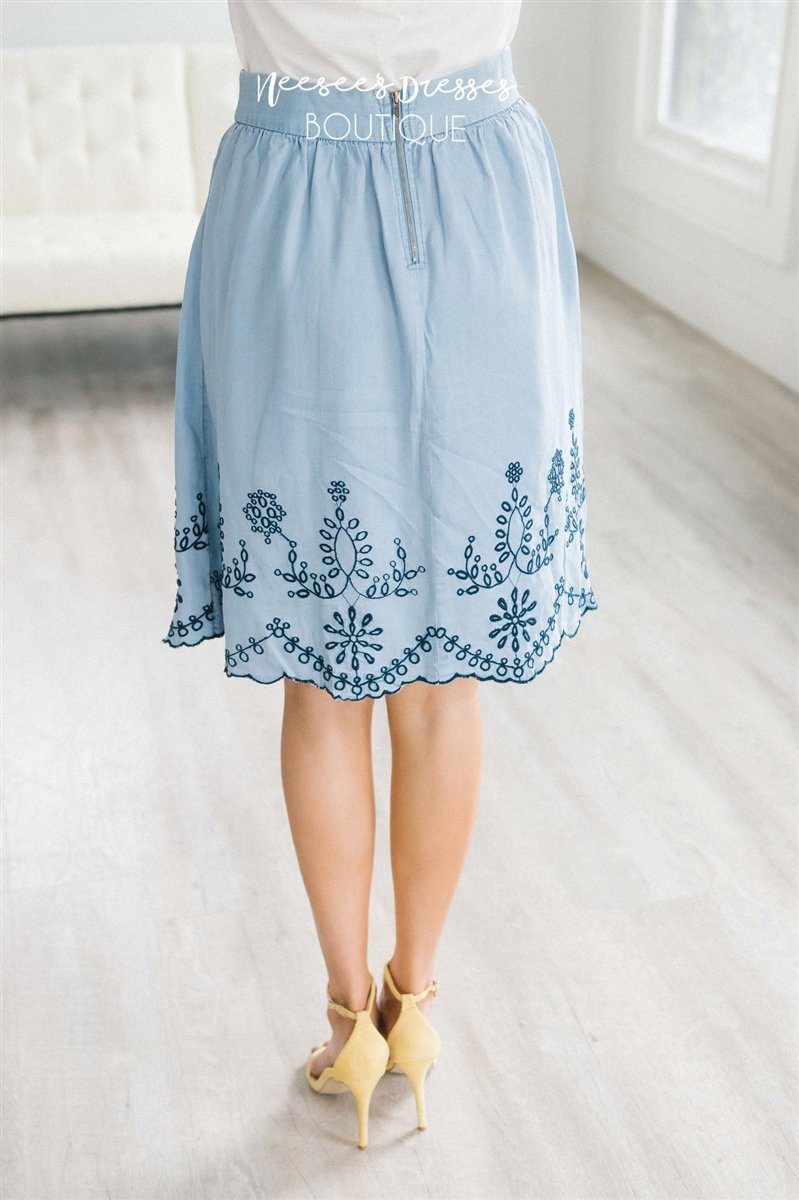 Embroidered Detailed Chambray Skirt Skirts vendor-unknown 