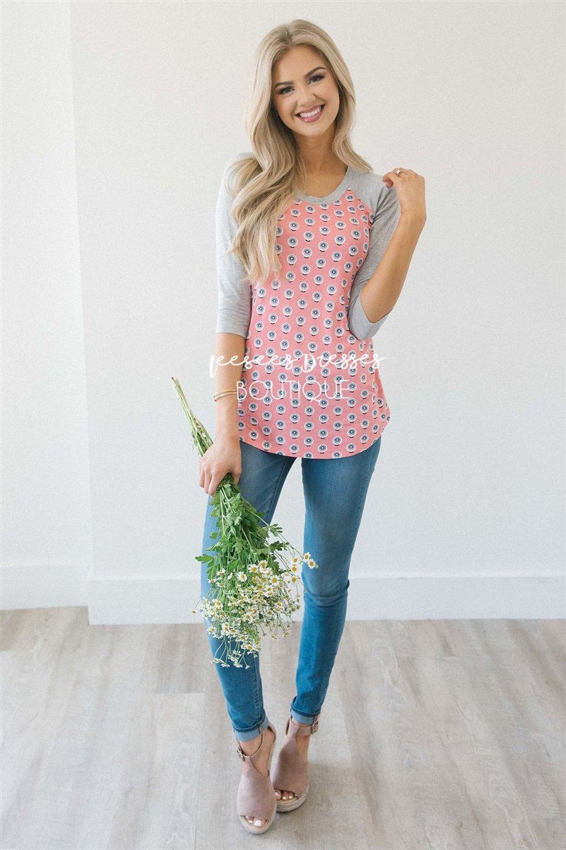 Pink Pinwheel Floral Baseball Sleeve Top Tops vendor-unknown 