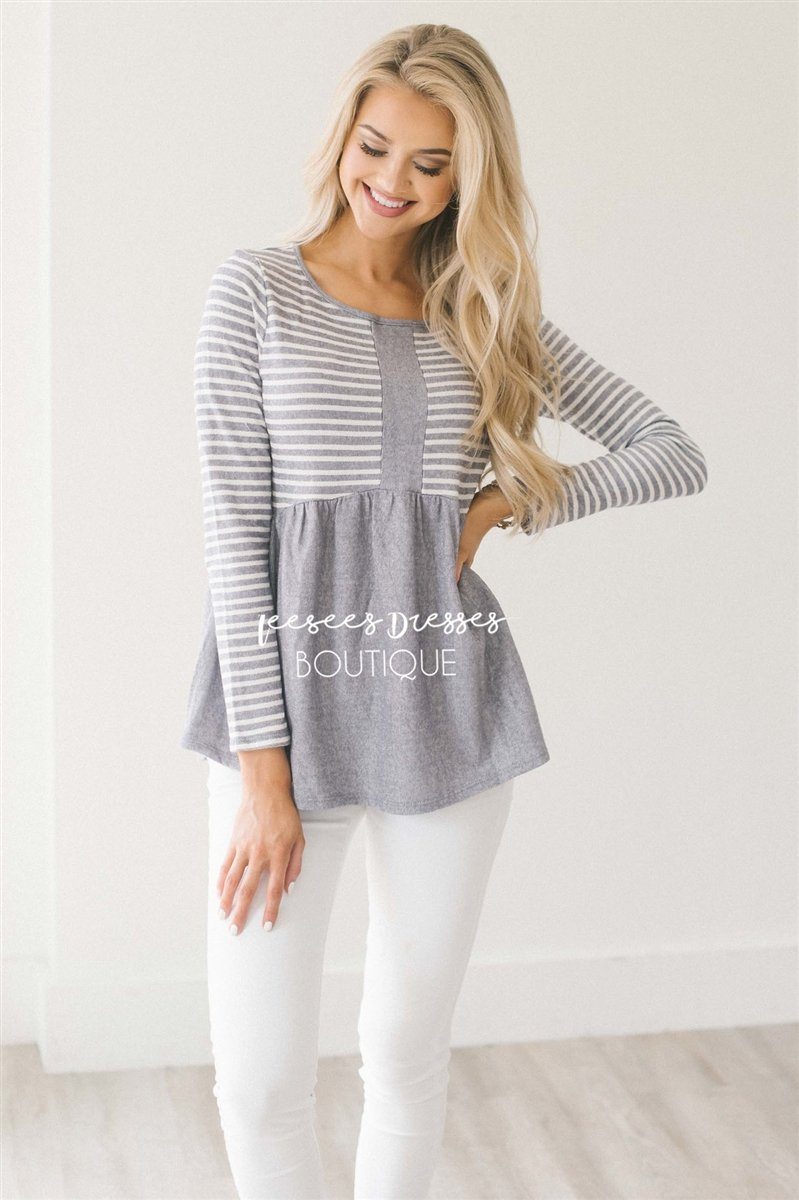 Heather Textured Baby Doll Top Tops vendor-unknown S Heather Gray Stripes 