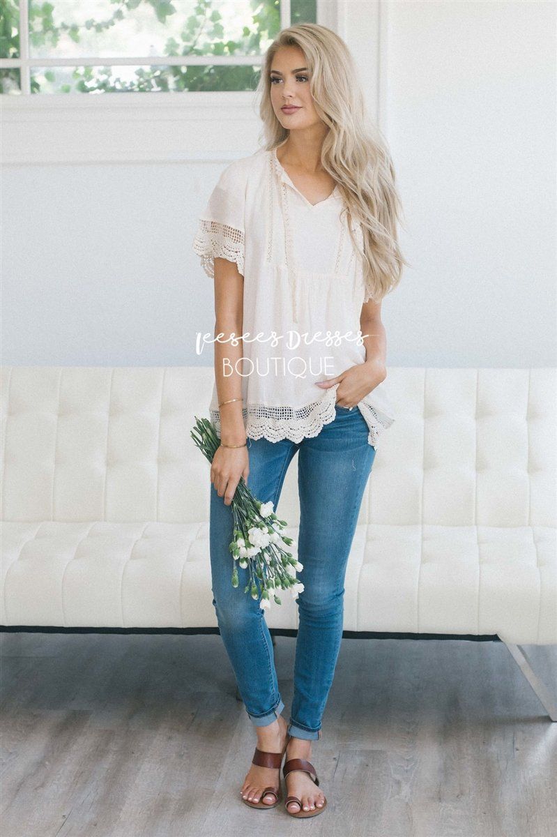 Baby Doll Lace Scallop Hem Blouse Tops vendor-unknown 
