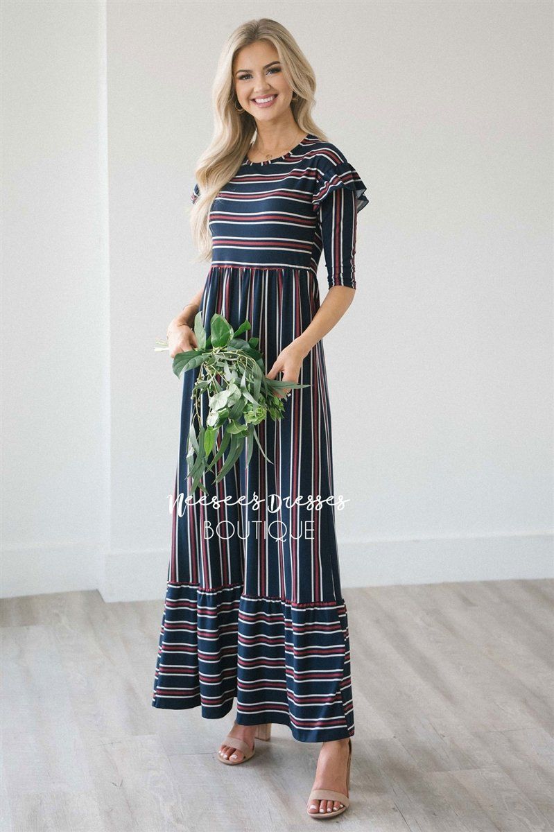 The Hansel Modest Dresses vendor-unknown S Navy Burgundy & Ivory Stripes 
