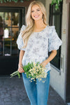 Pinstripe Floral Bubble Sleeve Top Tops vendor-unknown S Light Blue Pinstripe & Floral