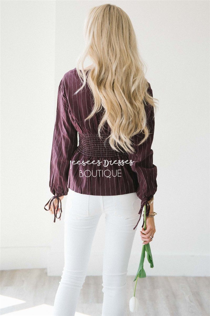 Pinstripe Cinched Waist Tie Sleeve Top Tops vendor-unknown 