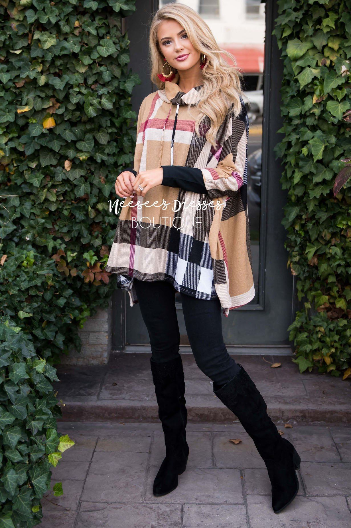 Seasons Of Love Plaid Poncho Tops vendor-unknown 