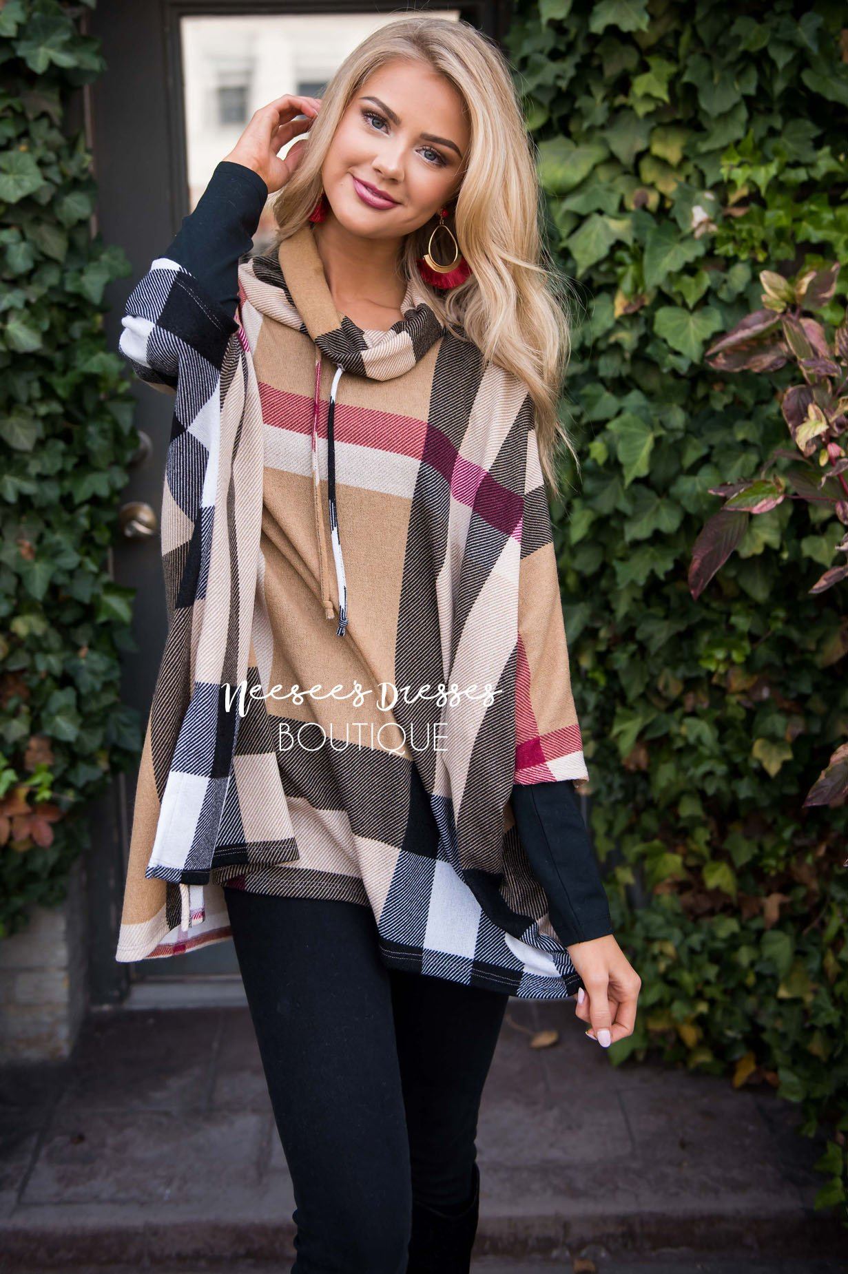 Seasons Of Love Plaid Poncho Tops vendor-unknown 
