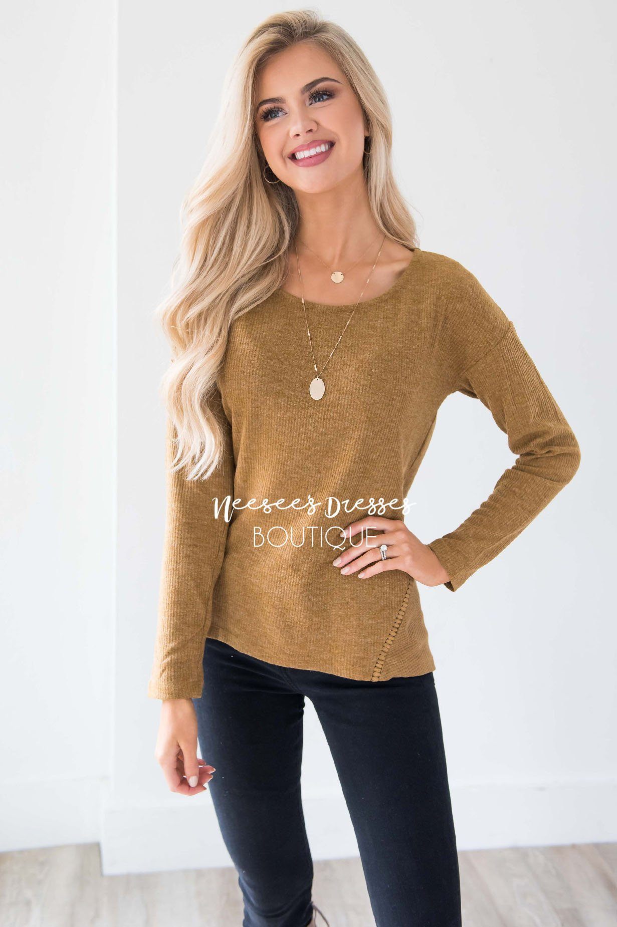 Ribbed Camel Ladder Lace Detail Thermal Tops vendor-unknown 