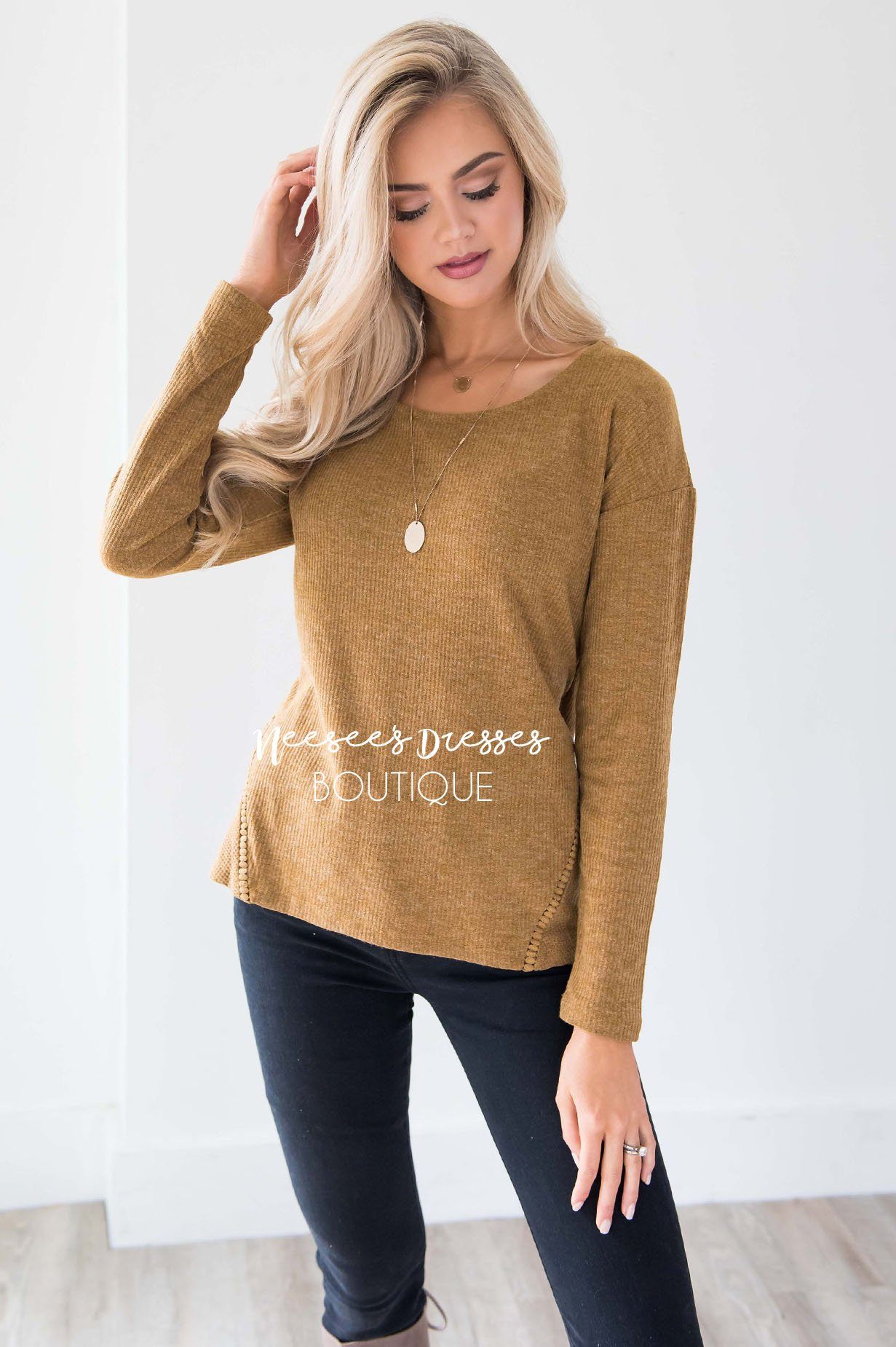 Ribbed Camel Ladder Lace Detail Thermal Tops vendor-unknown 