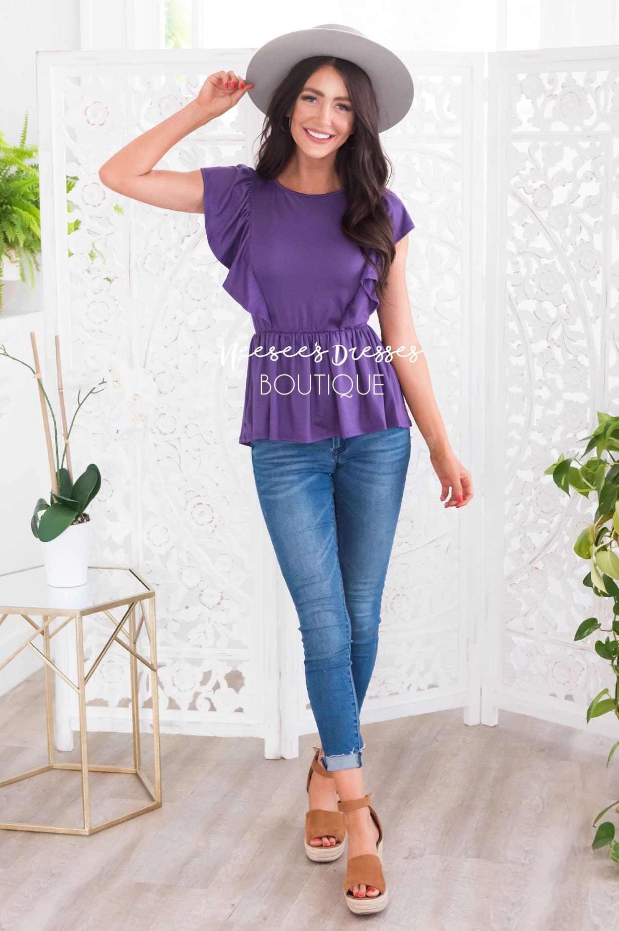 Carefree Modest Ruffle Peplum Blouse Tops vendor-unknown 