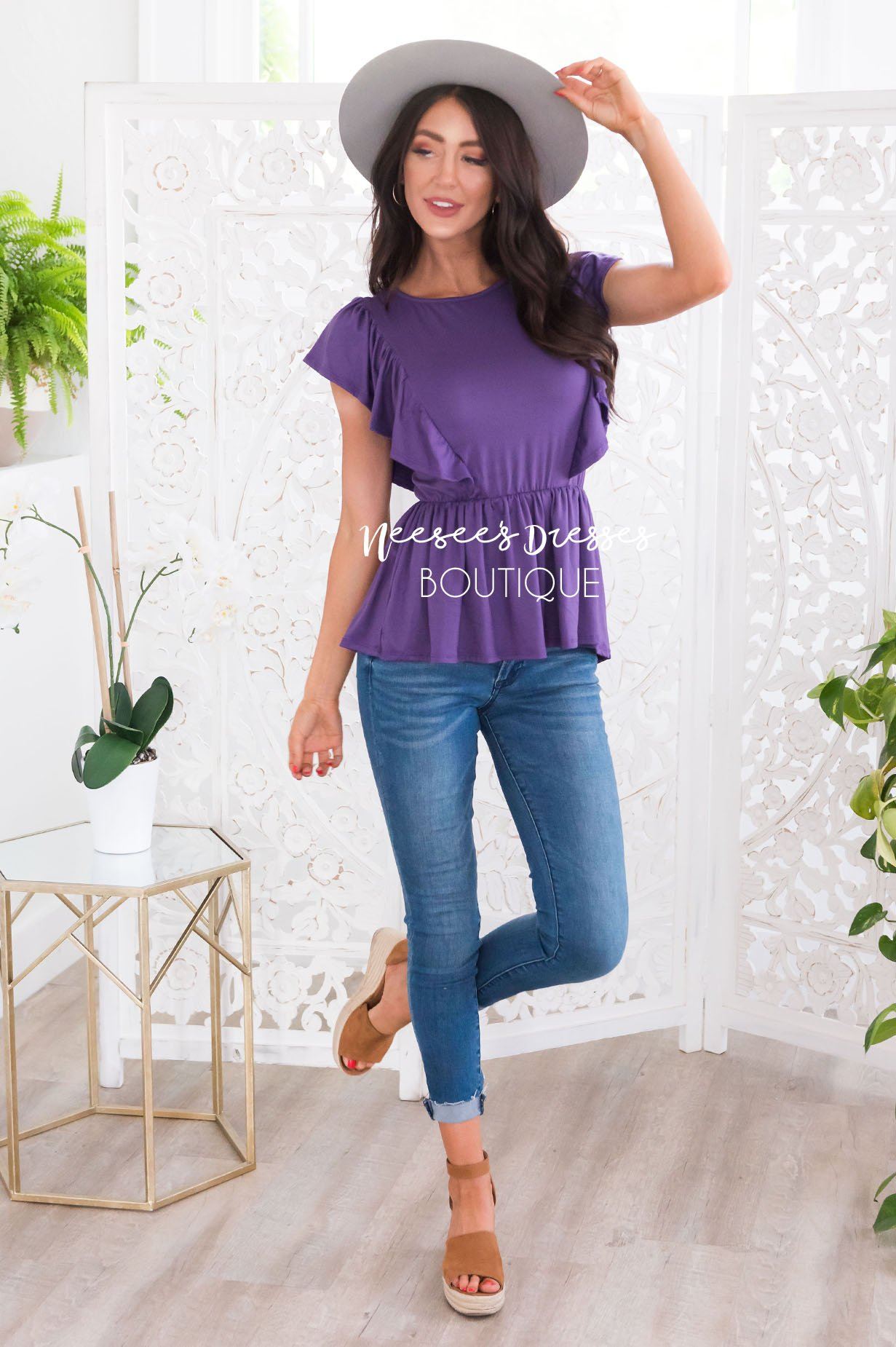 Carefree Modest Ruffle Peplum Blouse Tops vendor-unknown 