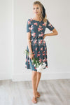 The Natalie Modest Dresses vendor-unknown Navy Pinstripe & Bright Pink Floral XS