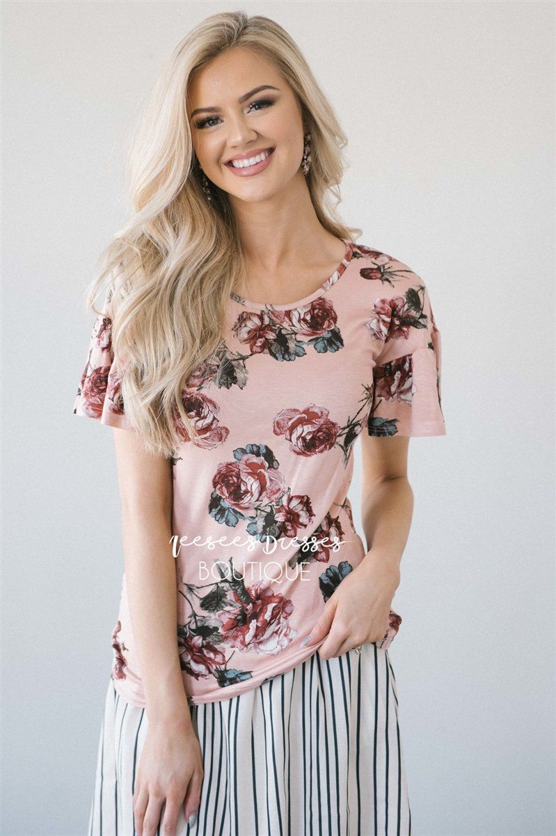 Floral Scoop Neck Bell Sleeve Top Tops vendor-unknown Pink Floral XS 