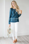 Ruffle Shoulder Long Sleeve Chambray Top Tops vendor-unknown