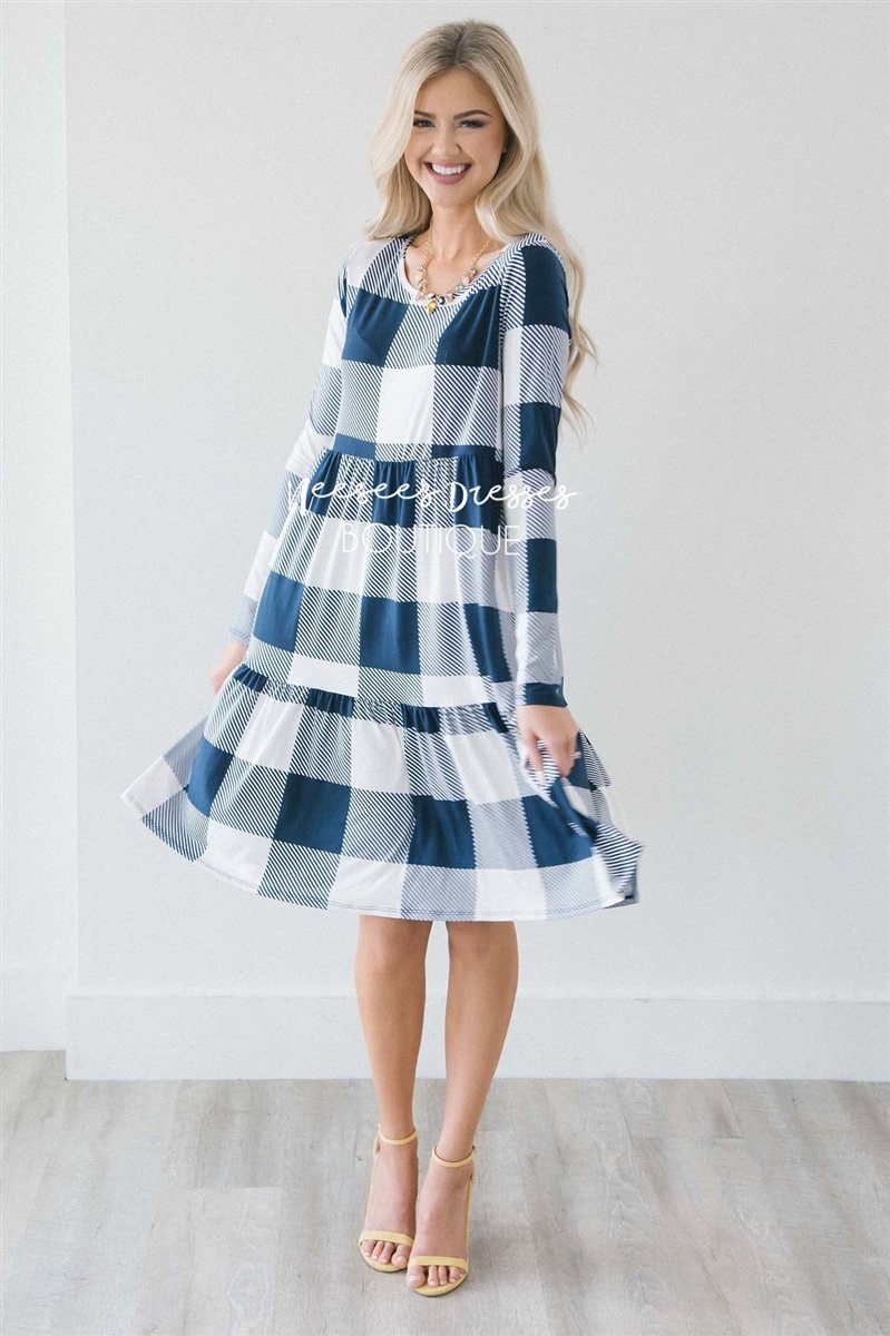 The Selena Modest Dresses vendor-unknown S Navy & White Plaid 