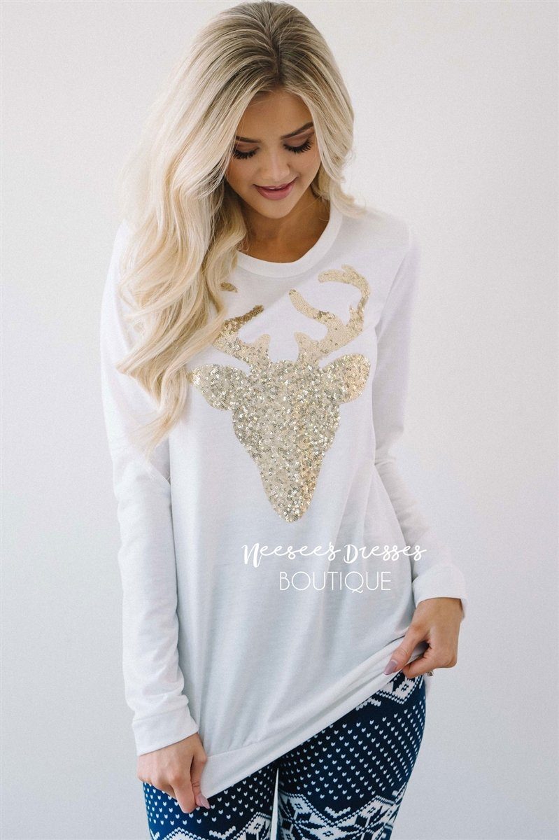 Gold Sequin Sparkly Reindeer Sweater Tops vendor-unknown White S 