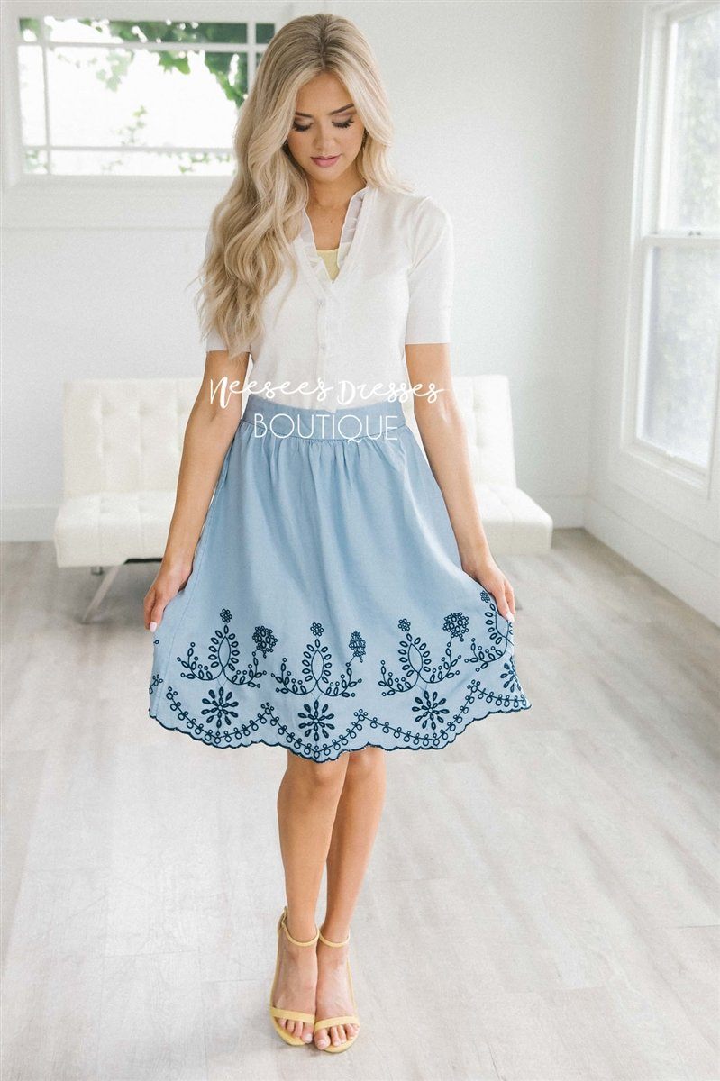 Embroidered Detailed Chambray Skirt Skirts vendor-unknown Chambray XS 