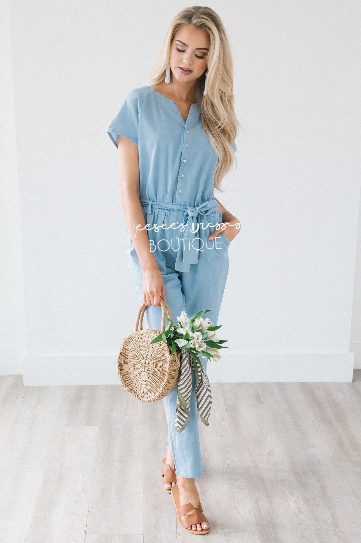 Light Chambray Button Front Jumpsuit Modest Dresses vendor-unknown 