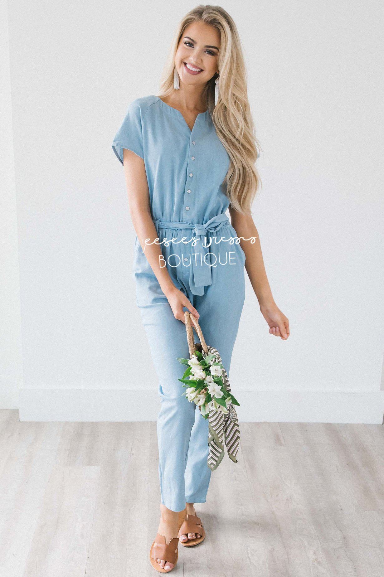 Light Chambray Button Front Jumpsuit Modest Dresses vendor-unknown 