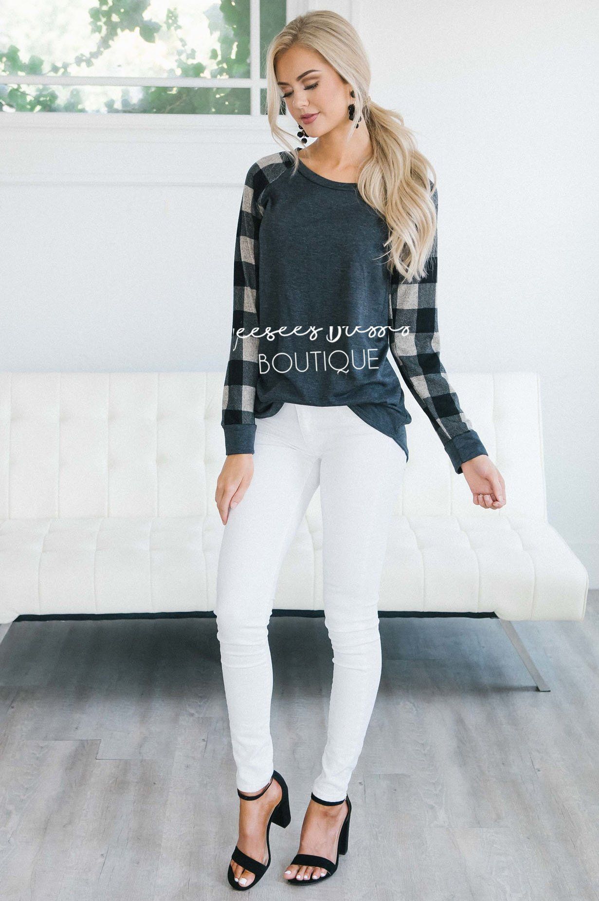 Charcoal & Taupe Plaid Sleeve Sweatshirt Tops vendor-unknown 