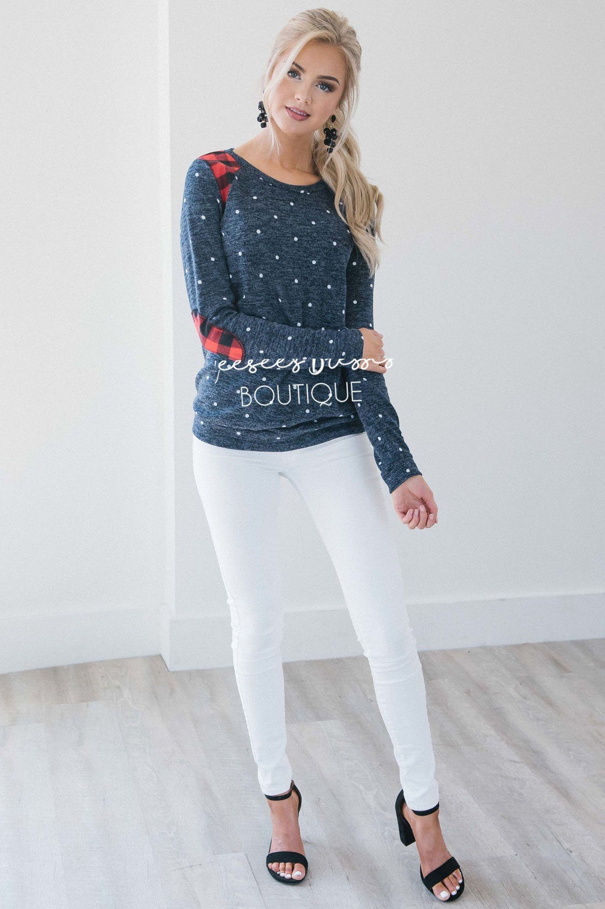 Polka Dot & Plaid Elbow Patch Top Tops vendor-unknown 