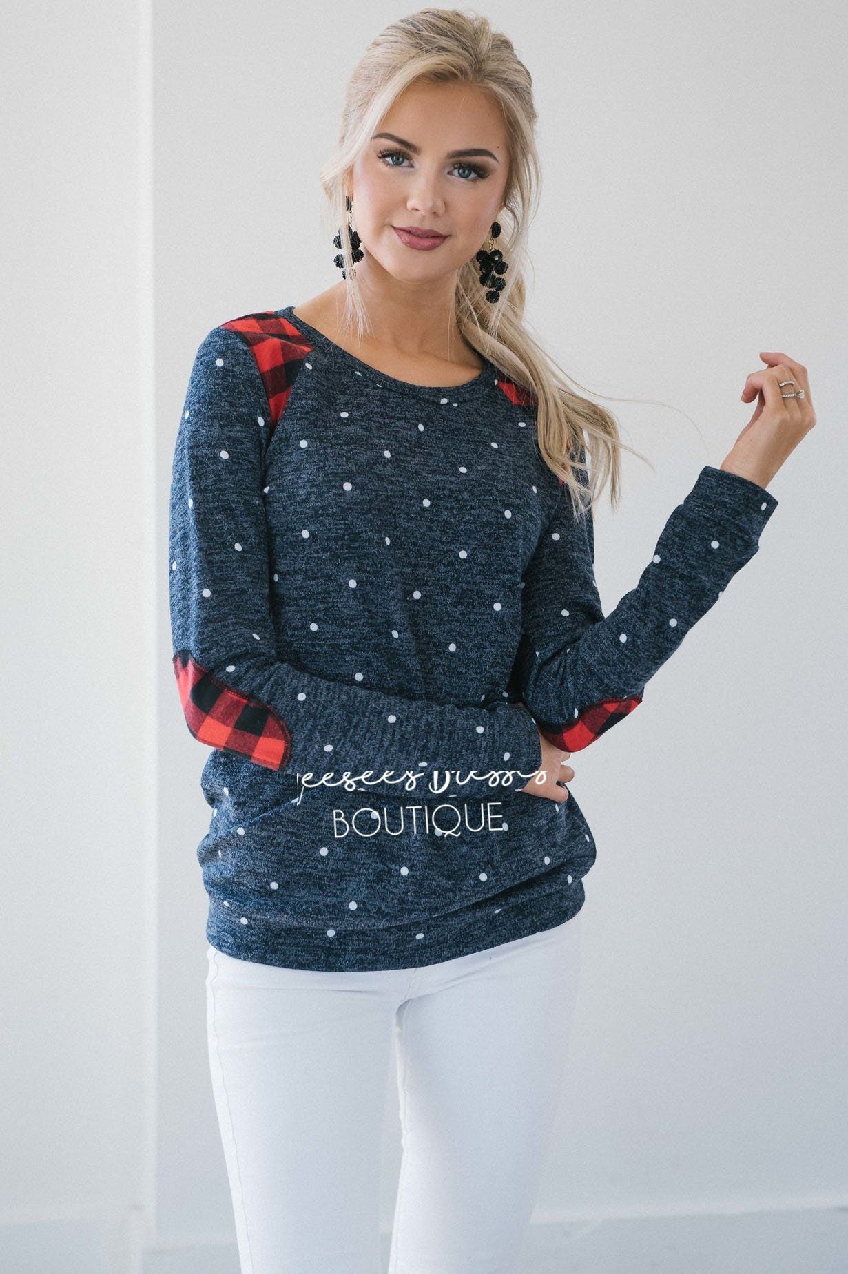 Polka Dot & Plaid Elbow Patch Top Tops vendor-unknown 