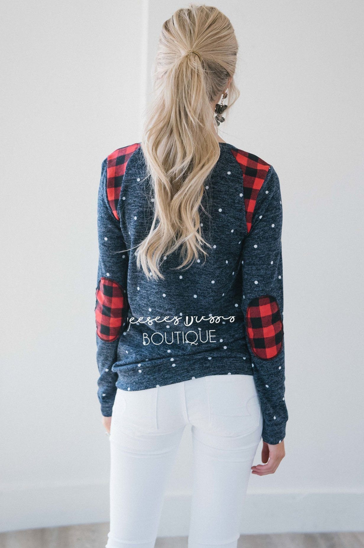 Polka Dot & Plaid Elbow Patch Top Tops vendor-unknown 