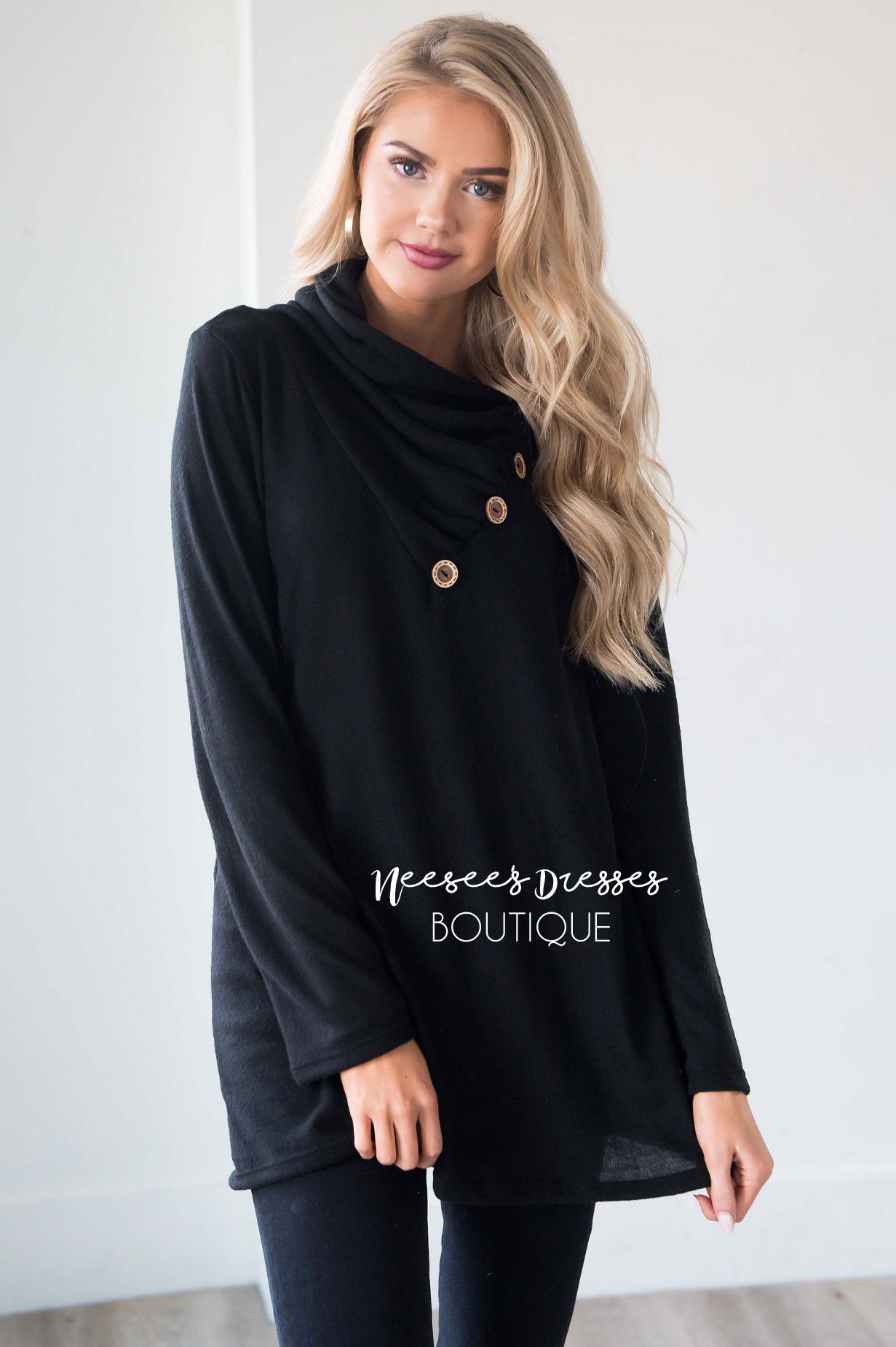 Button Detail Cowl Neck Tunic Tops vendor-unknown 