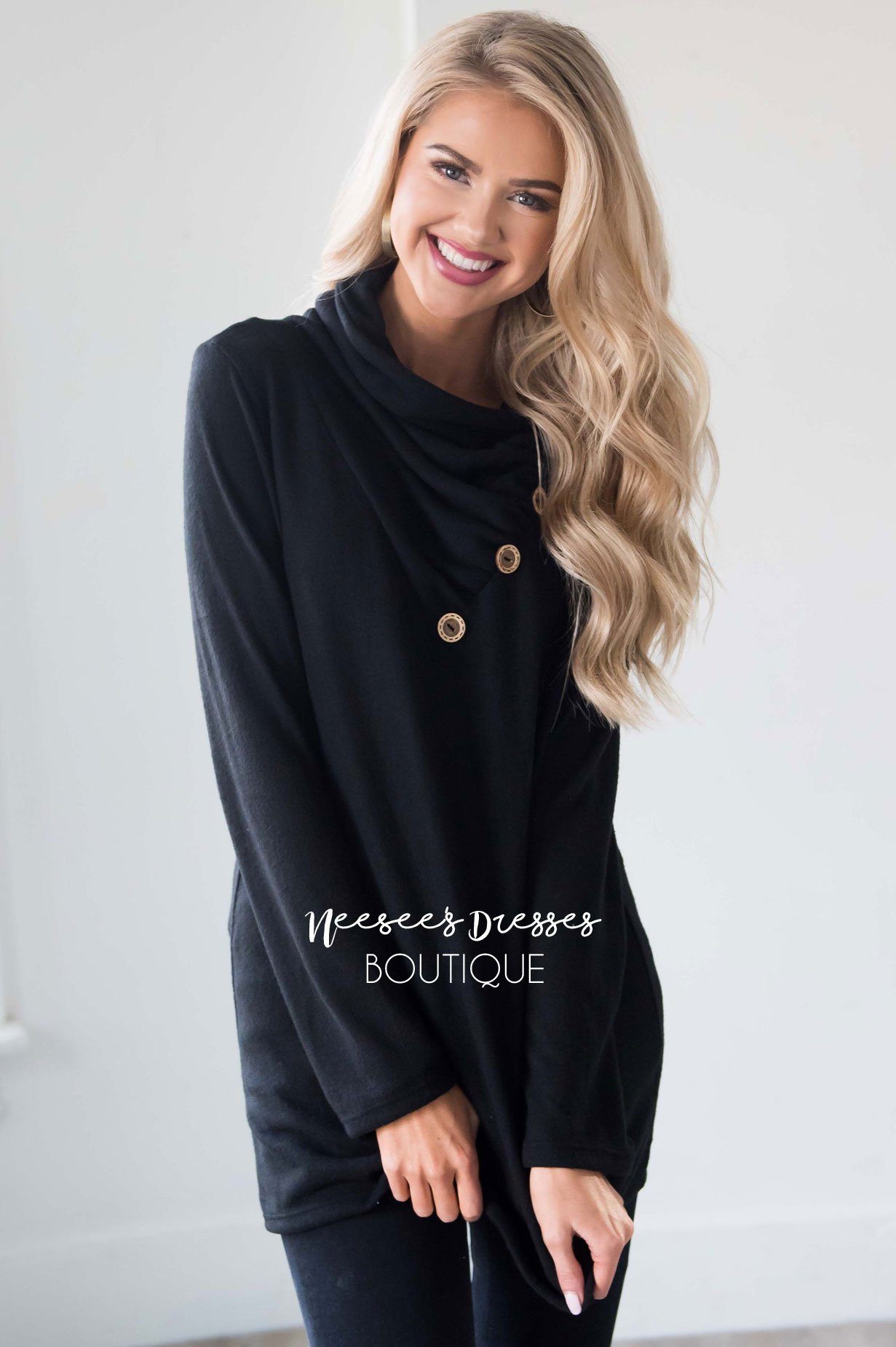 Button Detail Cowl Neck Tunic Tops vendor-unknown 