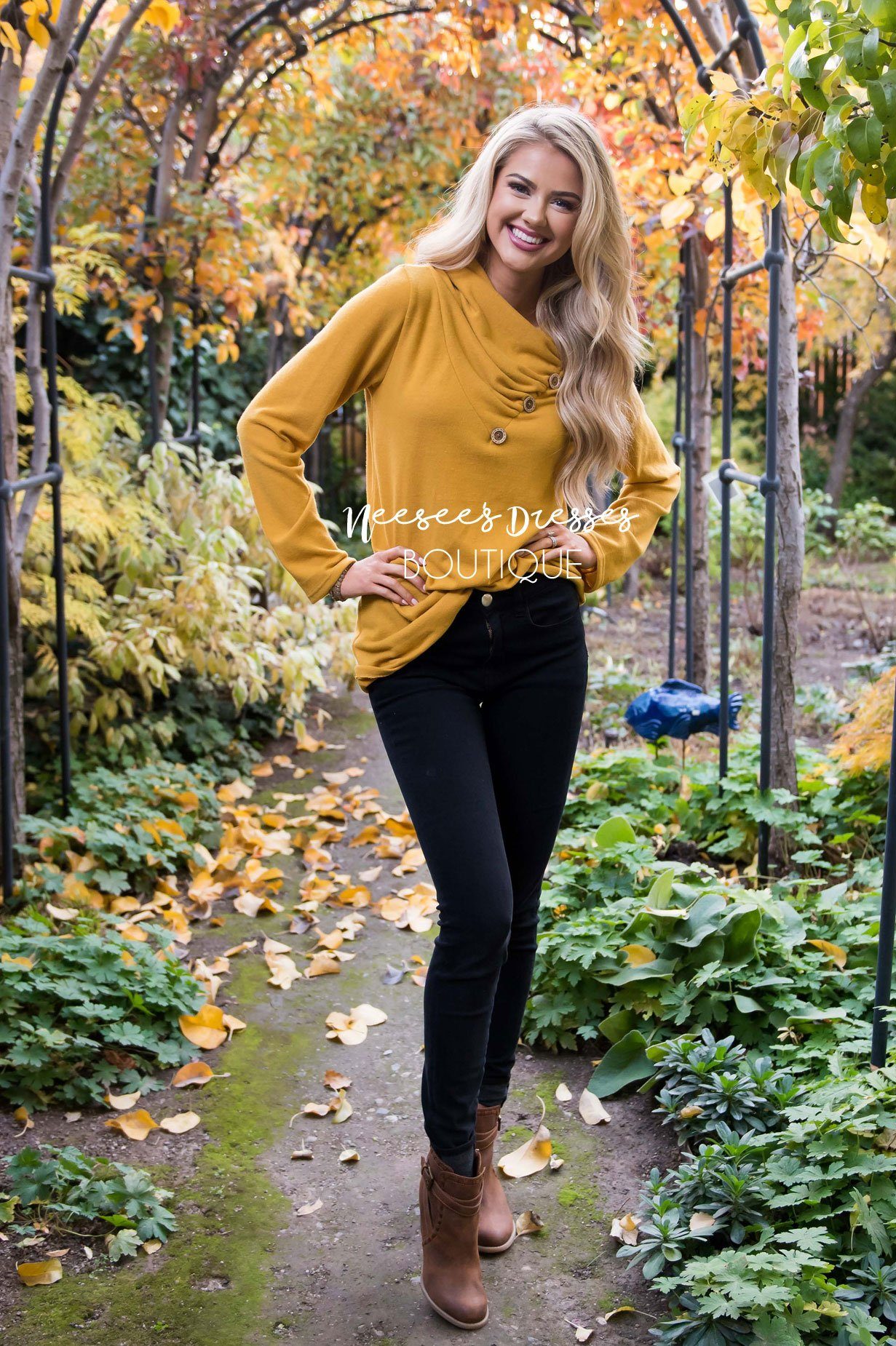 Button Detail Cowl Neck Tunic Tops vendor-unknown 