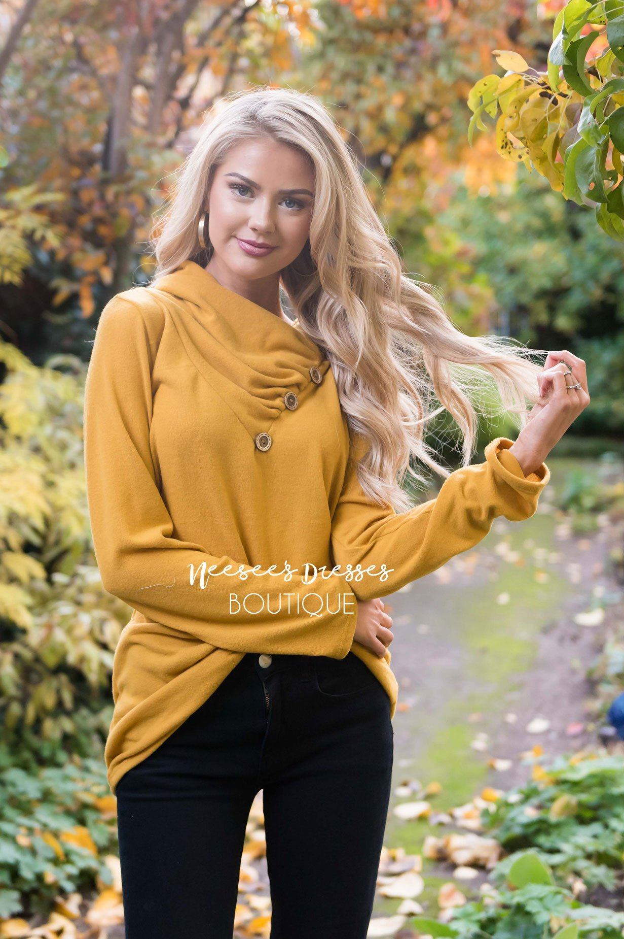 Button Detail Cowl Neck Tunic Tops vendor-unknown 