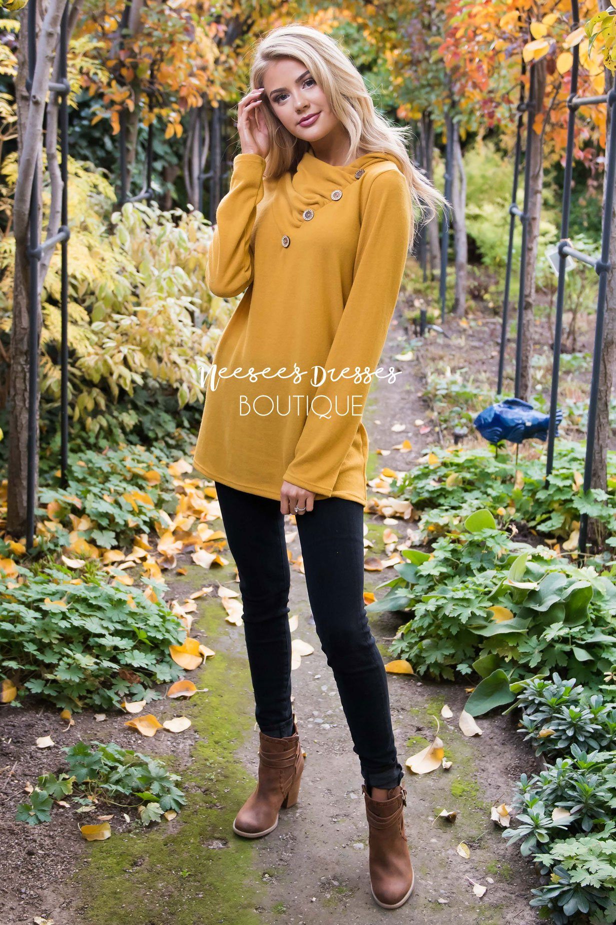 Button Detail Cowl Neck Tunic Tops vendor-unknown 