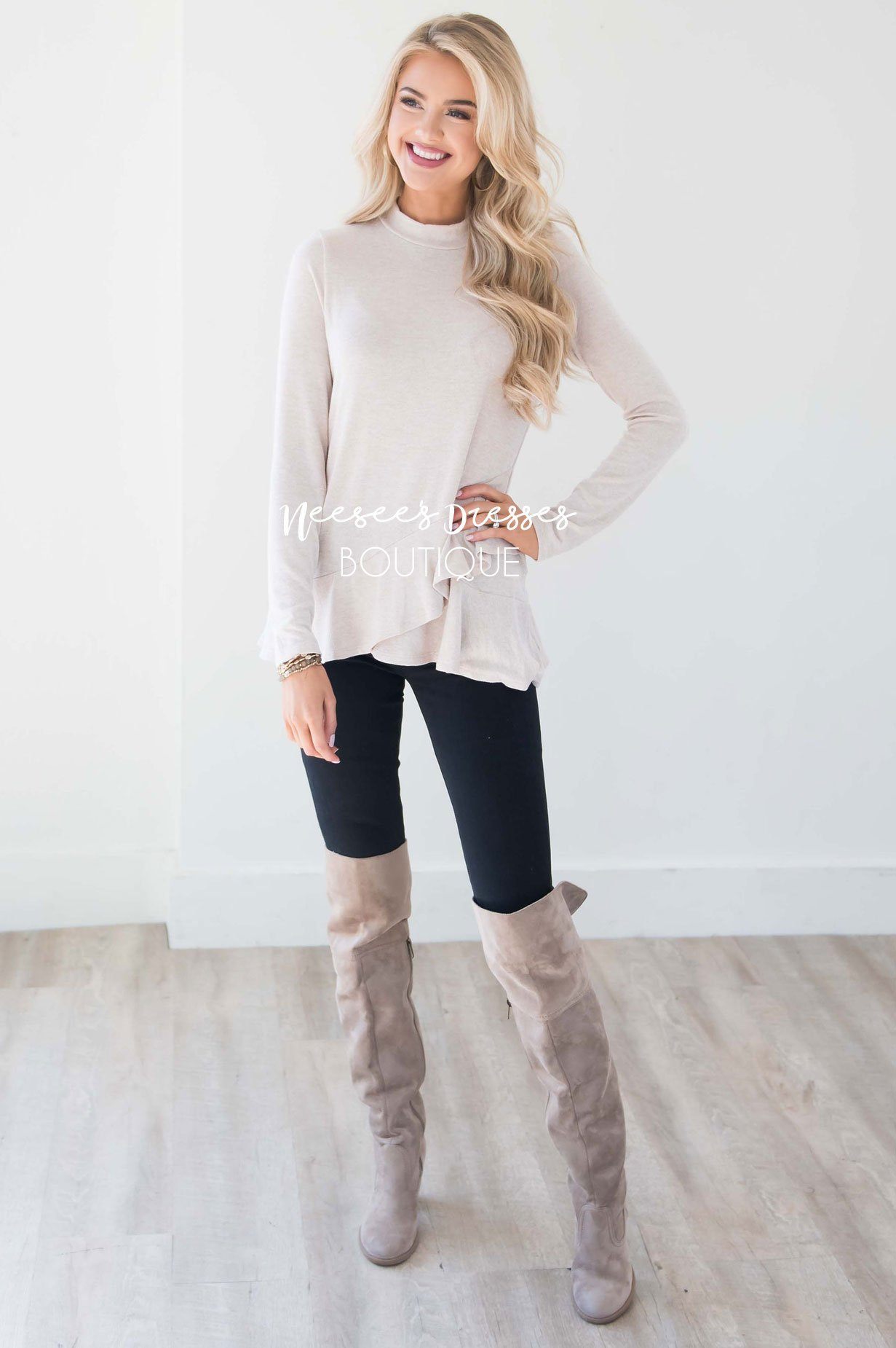 Heather Cream Double Ruffle Hem Sweater Tops vendor-unknown 