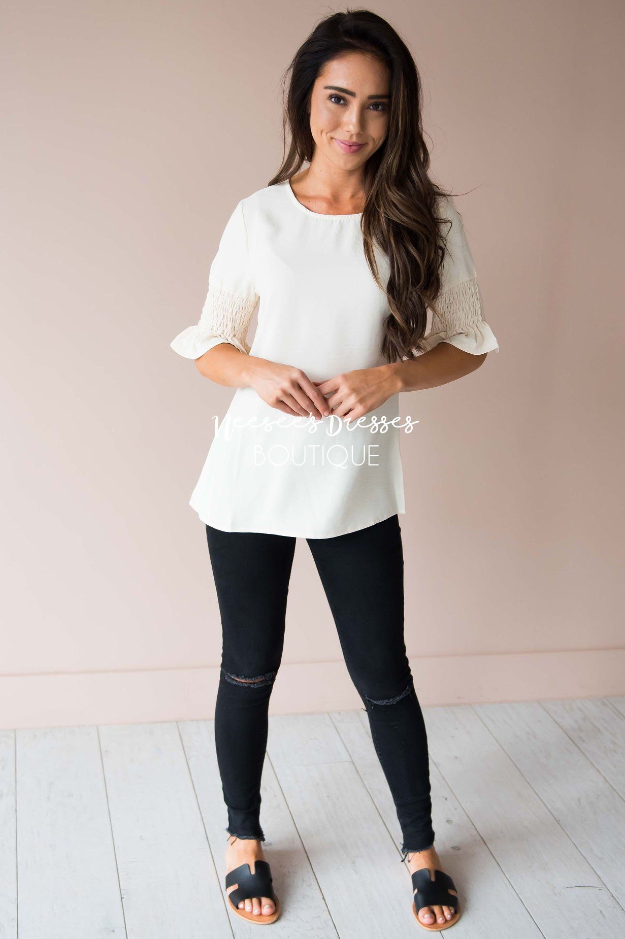 Something New Gathered Sleeve Top Modest Dresses vendor-unknown 