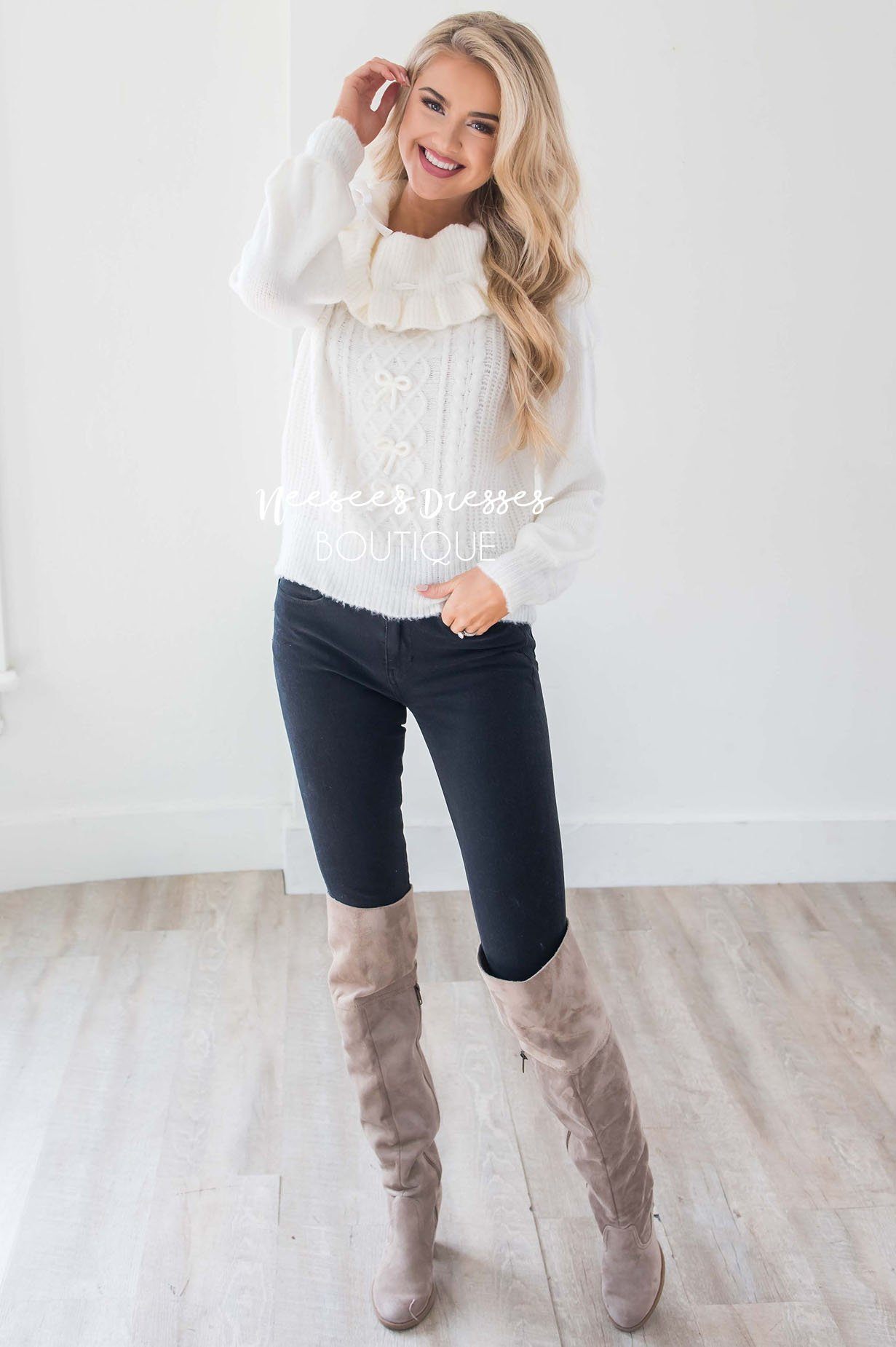 Ivory Knit Sweater with Cute Bow Details Tops vendor-unknown 