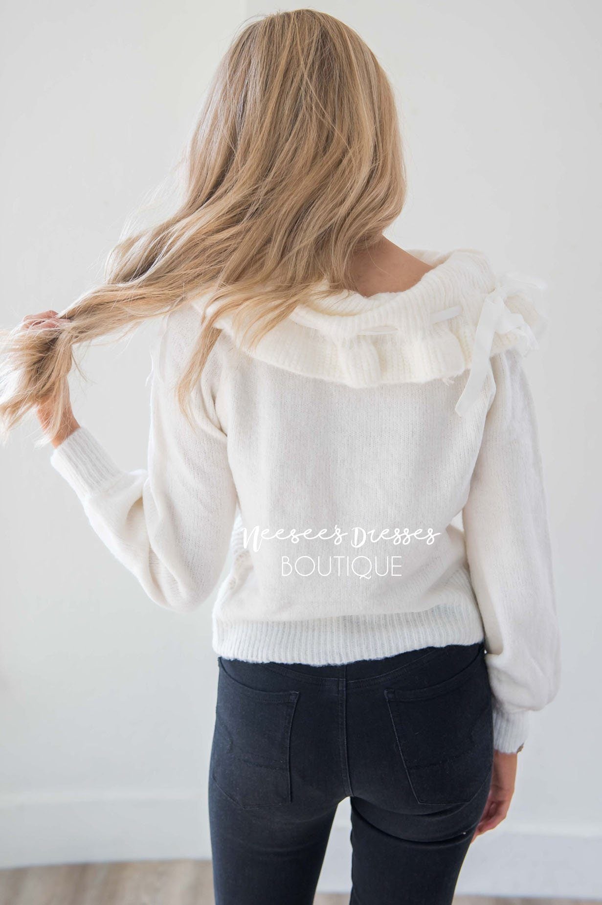 Ivory Knit Sweater with Cute Bow Details Tops vendor-unknown 