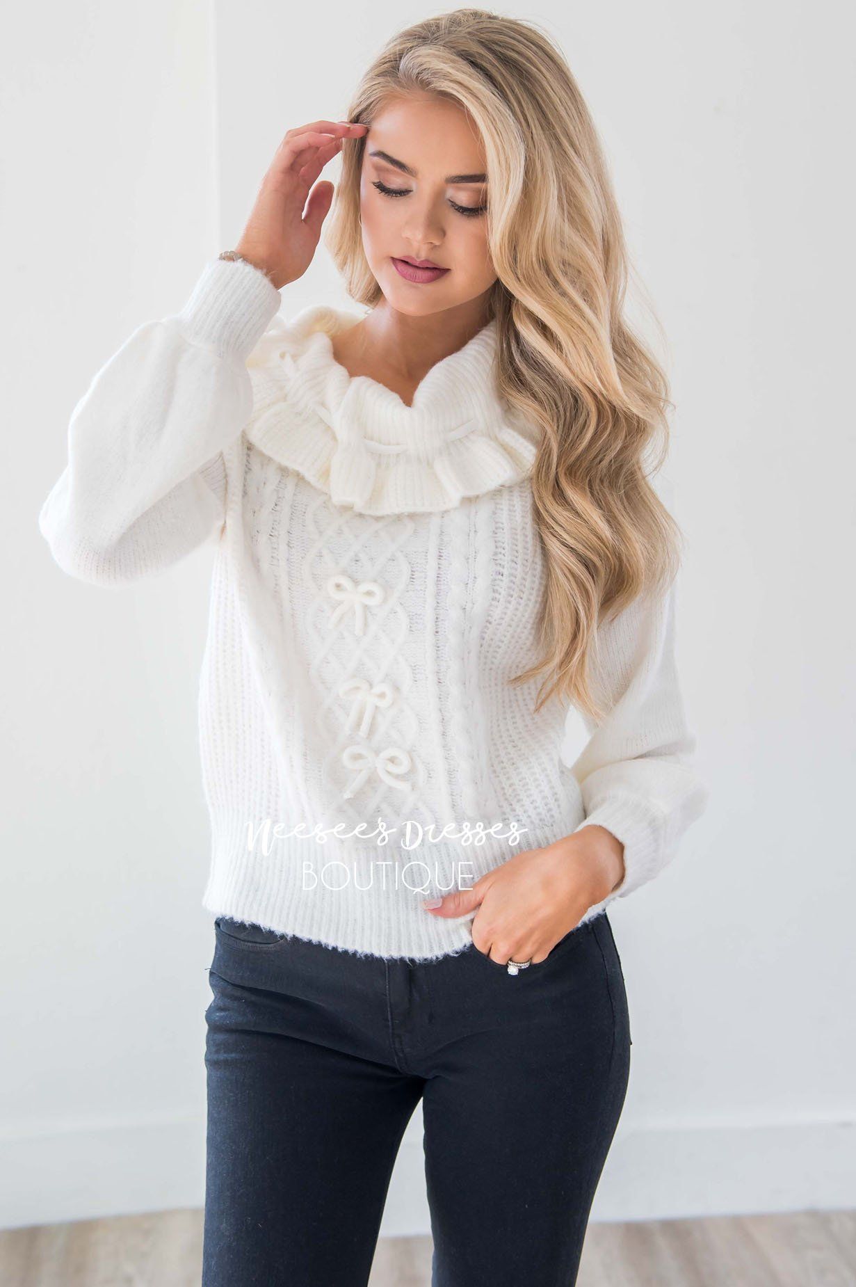 Ivory Knit Sweater with Cute Bow Details Tops vendor-unknown 