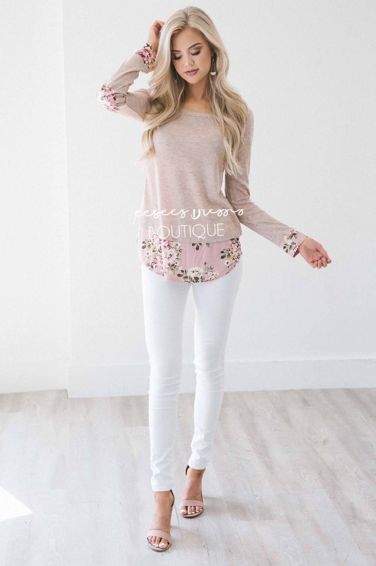 Pop of Floral Elbow Patch Sweater Tops vendor-unknown 