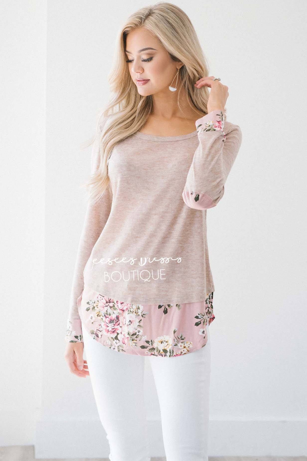 Pop of Floral Elbow Patch Sweater Tops vendor-unknown 