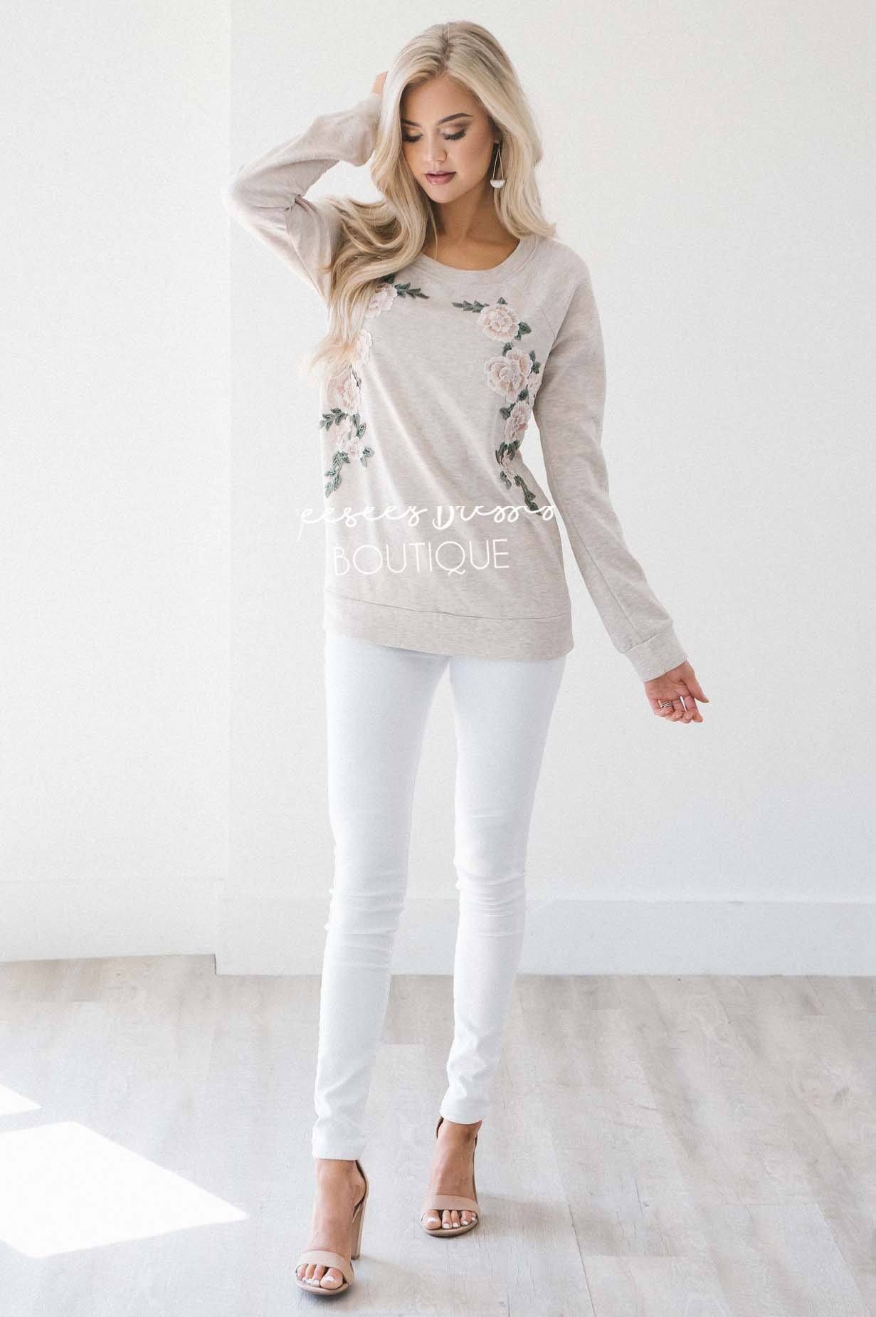Shimmer Champagne Floral Embroidered Sweater Tops vendor-unknown 