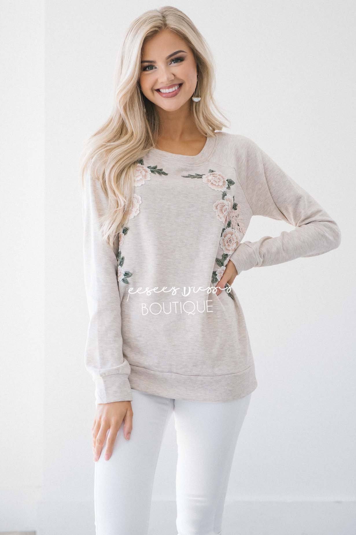 Shimmer Champagne Floral Embroidered Sweater Tops vendor-unknown 