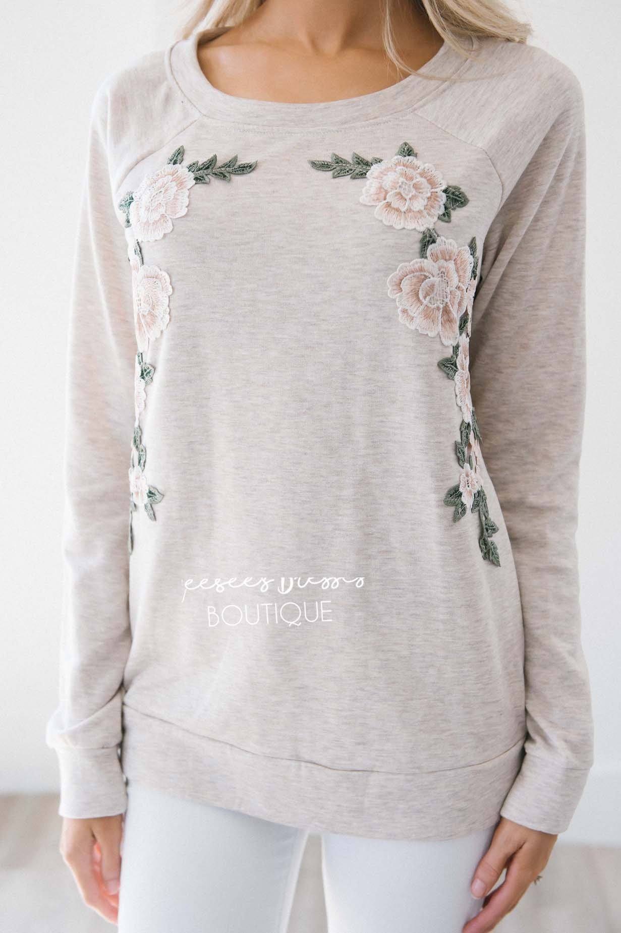 Shimmer Champagne Floral Embroidered Sweater Tops vendor-unknown 