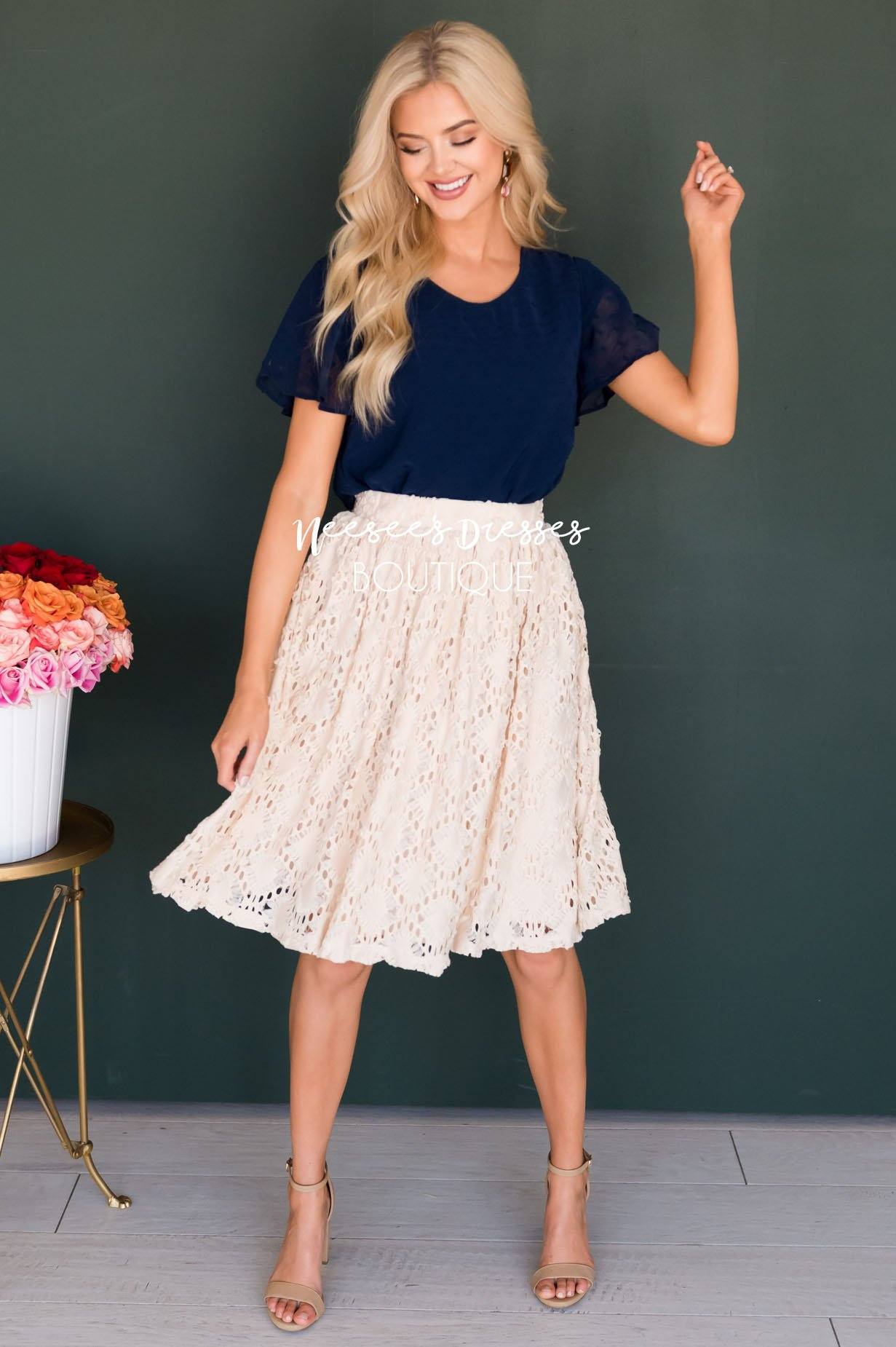 Cream Textured Aline Skirt Skirts vendor-unknown 